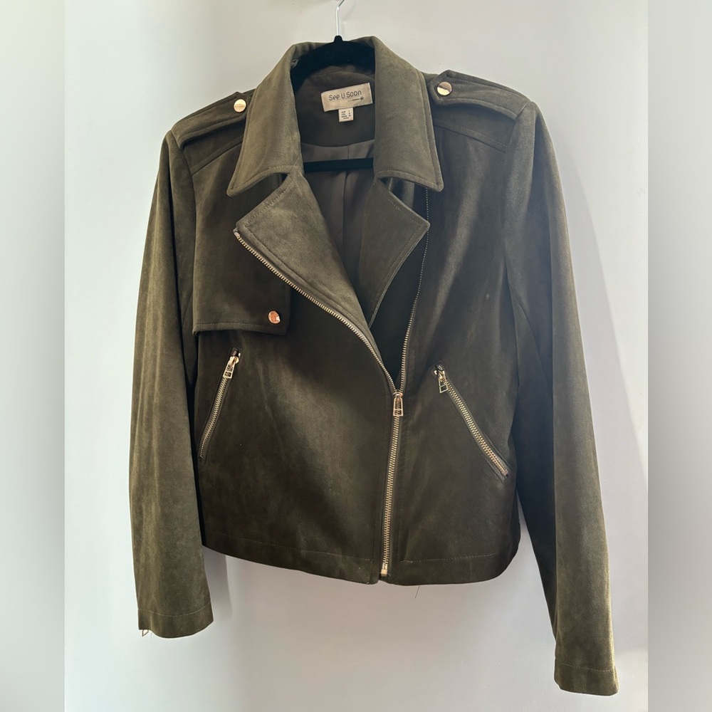Anthropologie Dark Olive Leather Suede Jacket with Gold Accents